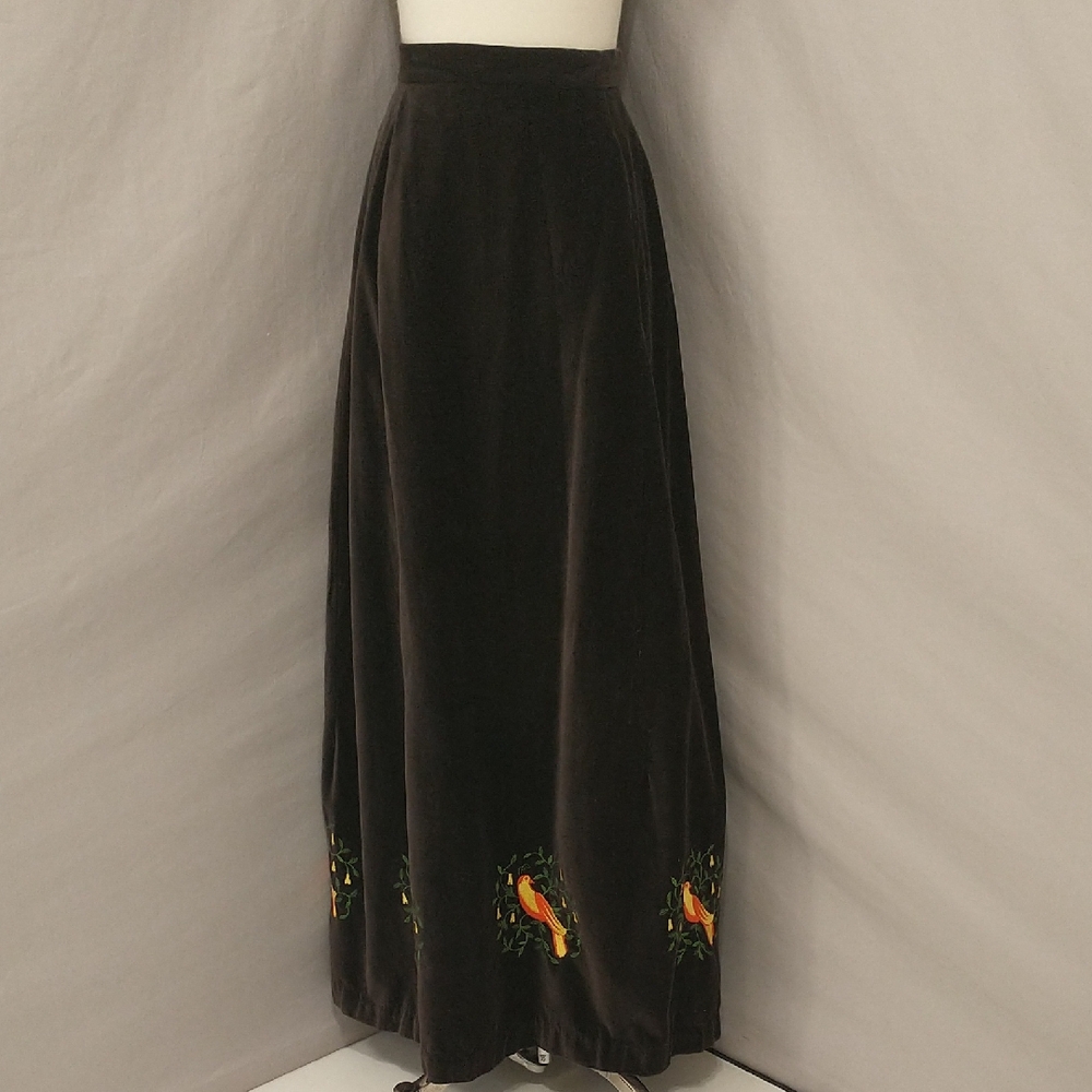 Vintage Velvet Maxi Skirt Embroidered Partridge In Pear Tree Pockets 70s Cotton